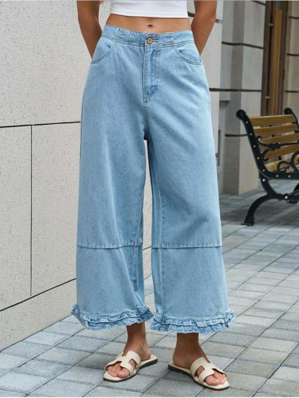 Light Blue Wide-Leg Ruffle Hem Jeans for Women
